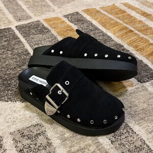 Steve Madden Black Suede Clogs with Silver Accents